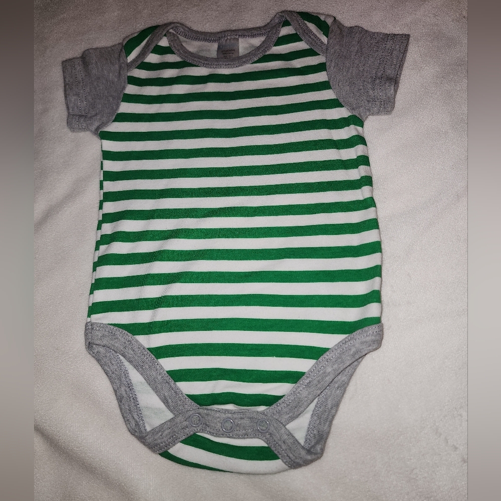 Green and white striped onesie with gray edges. 6-9 months. Short sleeve